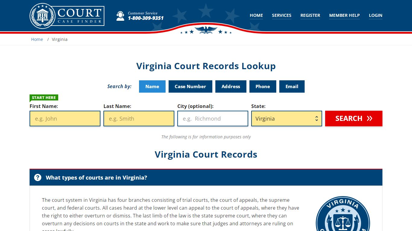 Virginia Court Records Lookup - VA Court Case Search - CourtCaseFinder.com